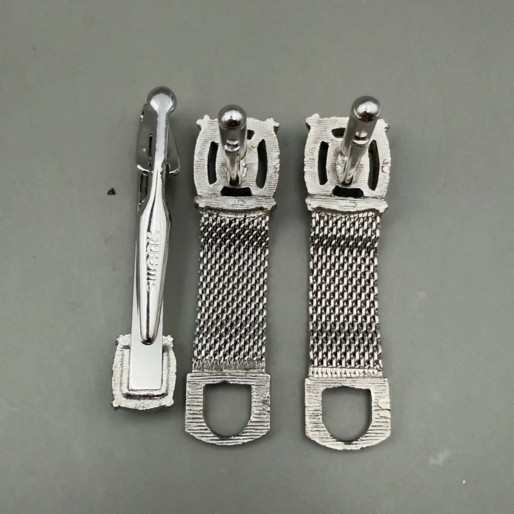 Swank Cufflinks Tie Clip Set Silver Tone Blue Rhinestone Mesh Wrap Men Accessory